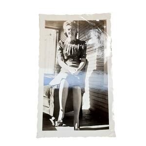 Vtg Lady Posing on Porch Original Monochrome Photography Found Snapshot